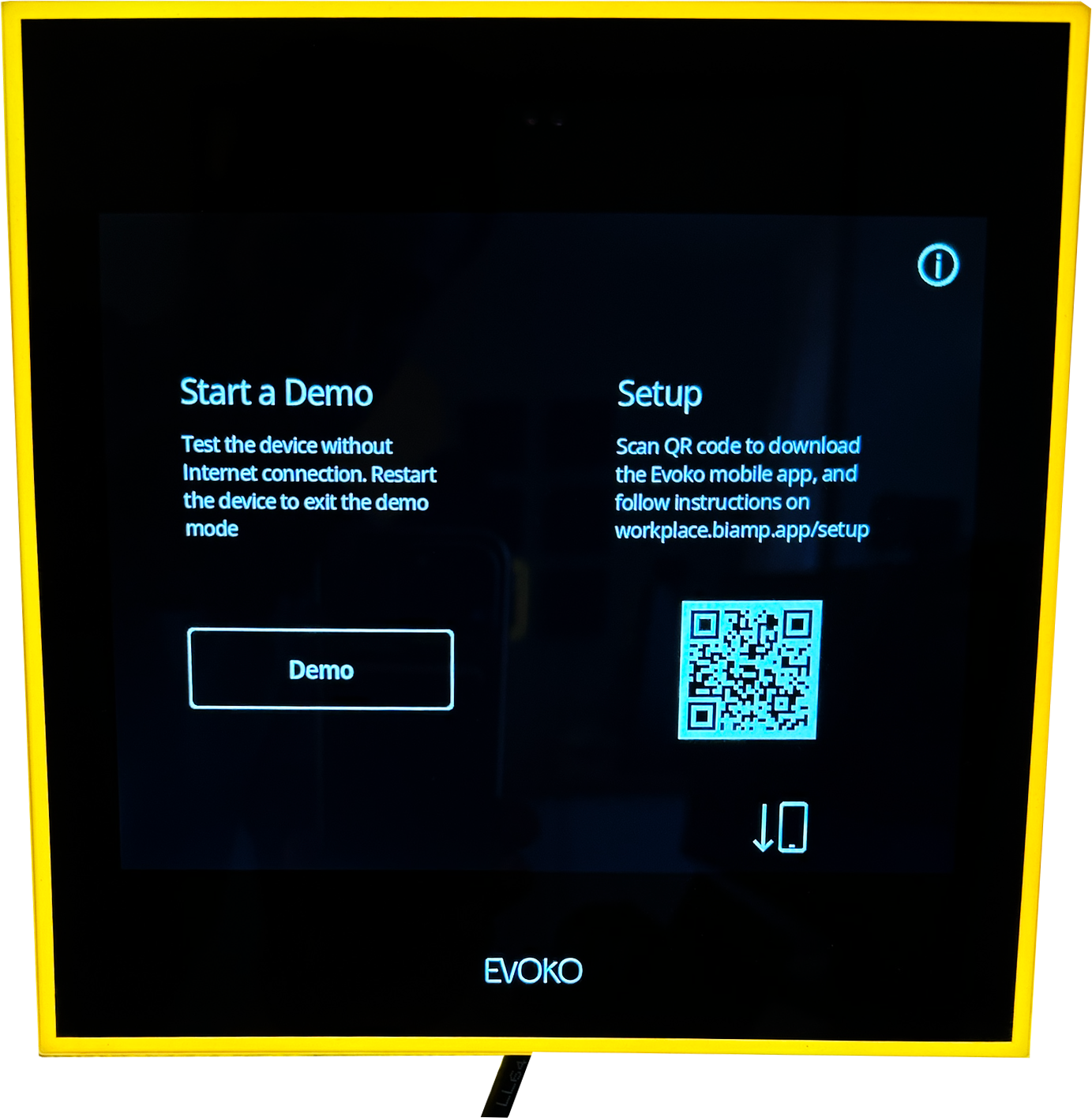 An unconfigured Naso showing the Start a Demo and Setup screen with QR code.